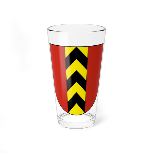 Red shield with a central vertical band of alternating yellow and black chevrons pointing upward.