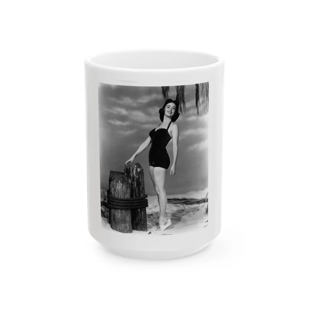 Barbara Rush #37 - 8x10 B&W Full Body 1-Piece Swimsuit Cheesecake Photo (Vintage Female Icon) White Coffee Mug-15oz-Go Mug Yourself