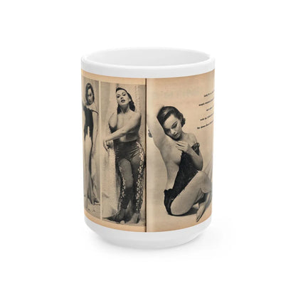 Dawn Richard #42 - [Pages 32 & 33] Including Pages 3 & 4 of 4 with B&W 3 Photos & Caption from FOR MEN ONLY Mag. Nov. '57 (Vintage Female Icon) White Coffee Mug-15oz-Go Mug Yourself