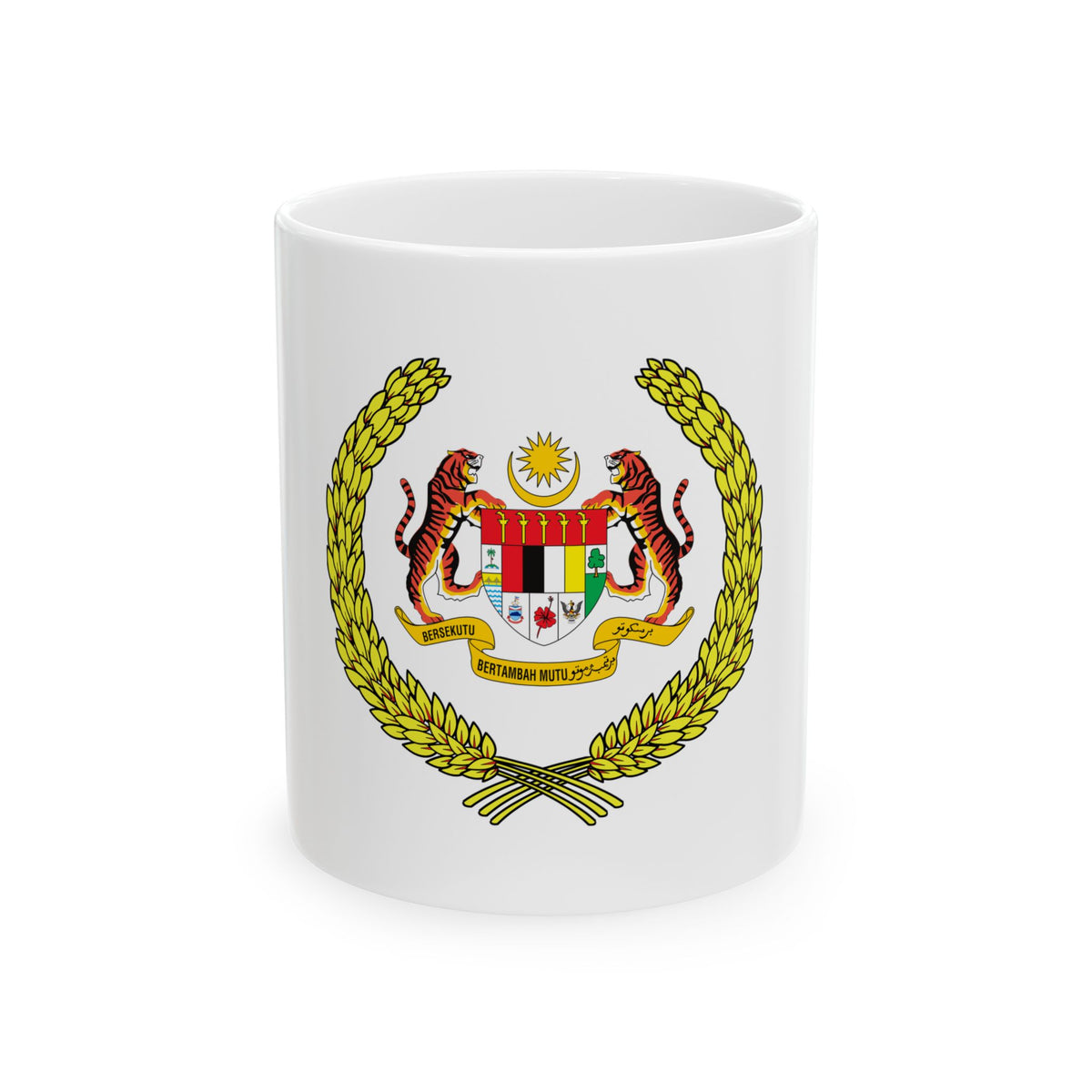 Gold laurel wreath around a shield held by two striped tigers, topped by a crescent and star.