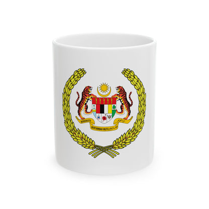 Gold laurel wreath around a shield held by two striped tigers, topped by a crescent and star.