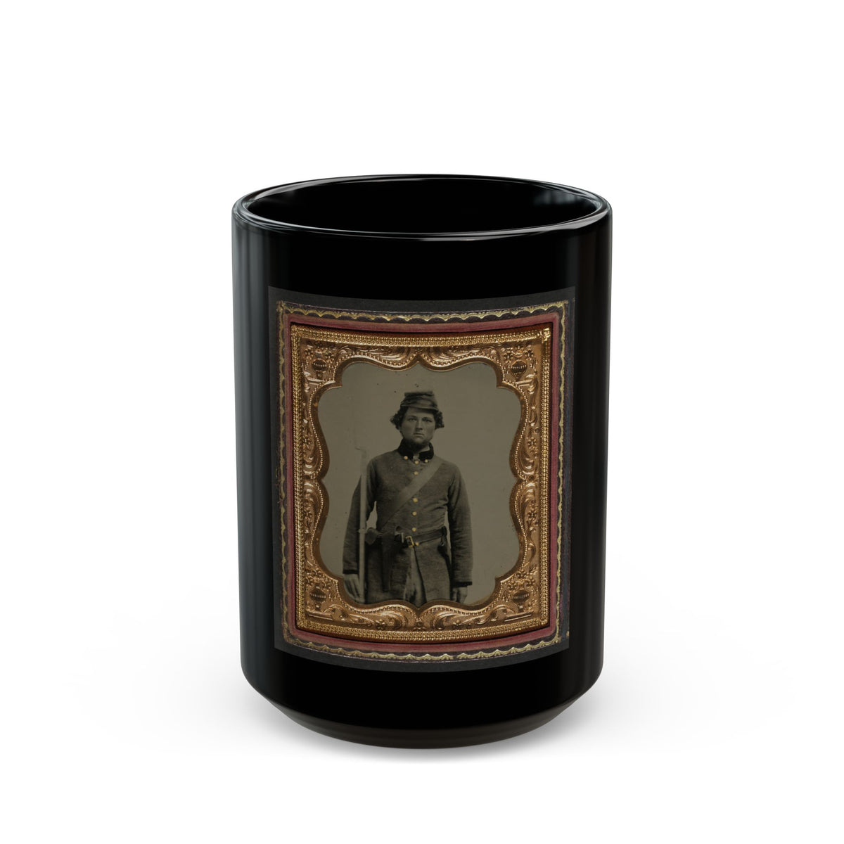 Unidentified Soldier In Confederate Frock Coat And Forage Cap With Cap Box, Bayoneted Musket, And Holstered Revolver (U.S. Civil War) Black Coffee Mug