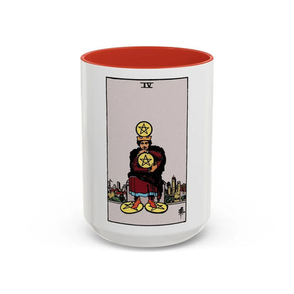 The 4 of Pentacles (Tarot Card) Accent Coffee Mug-15oz-Red-Go Mug Yourself