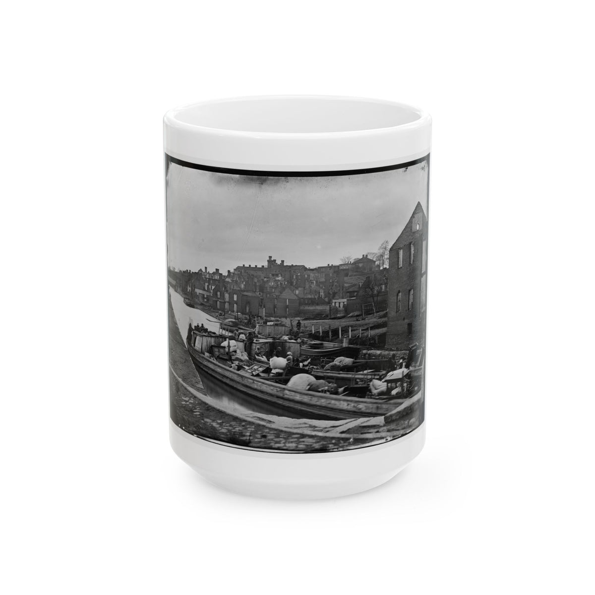 Richmond, Va. Barges With African Americans On The Canal; Ruined Buildings Beyond (U.S. Civil War) White Coffee Mug