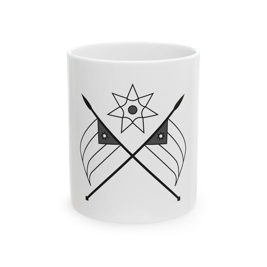 Two crossed spears with grey pennants below an outlined eight-pointed star, in monochrome line art.