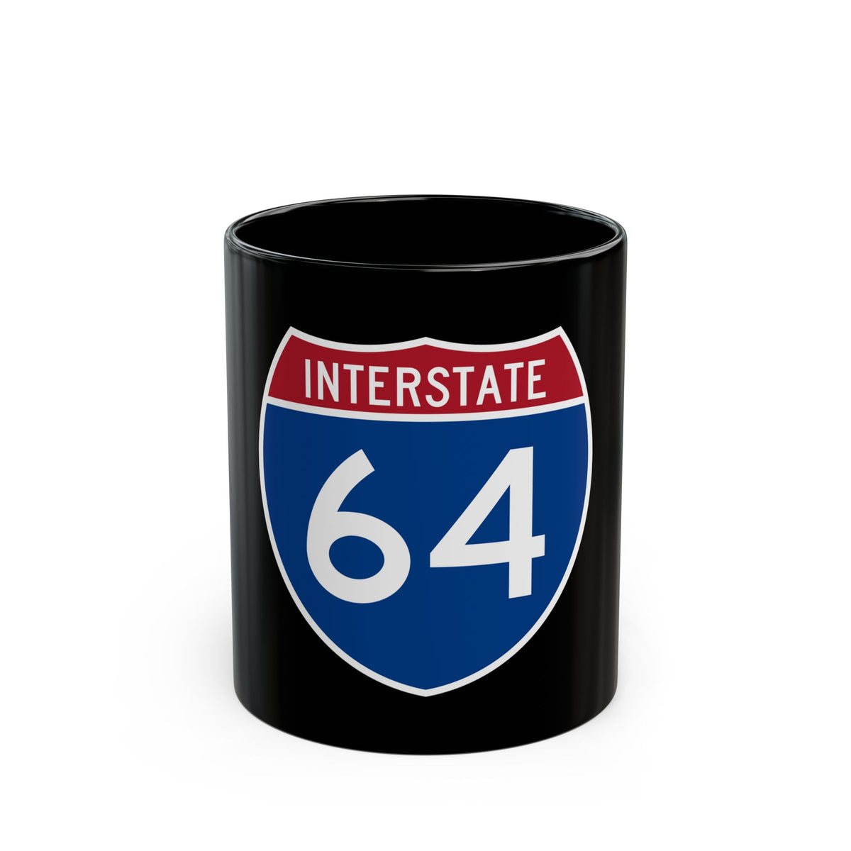 Interstate 64 route shield in blue and red, with the word INTERSTATE across the top and white numerals.
