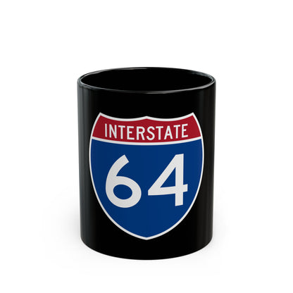 Interstate 64 route shield in blue and red, with the word INTERSTATE across the top and white numerals.