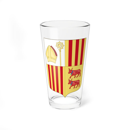 Heraldic shield in four quarters with red and yellow stripes, a bishop's mitre and crozier, and two red bulls.