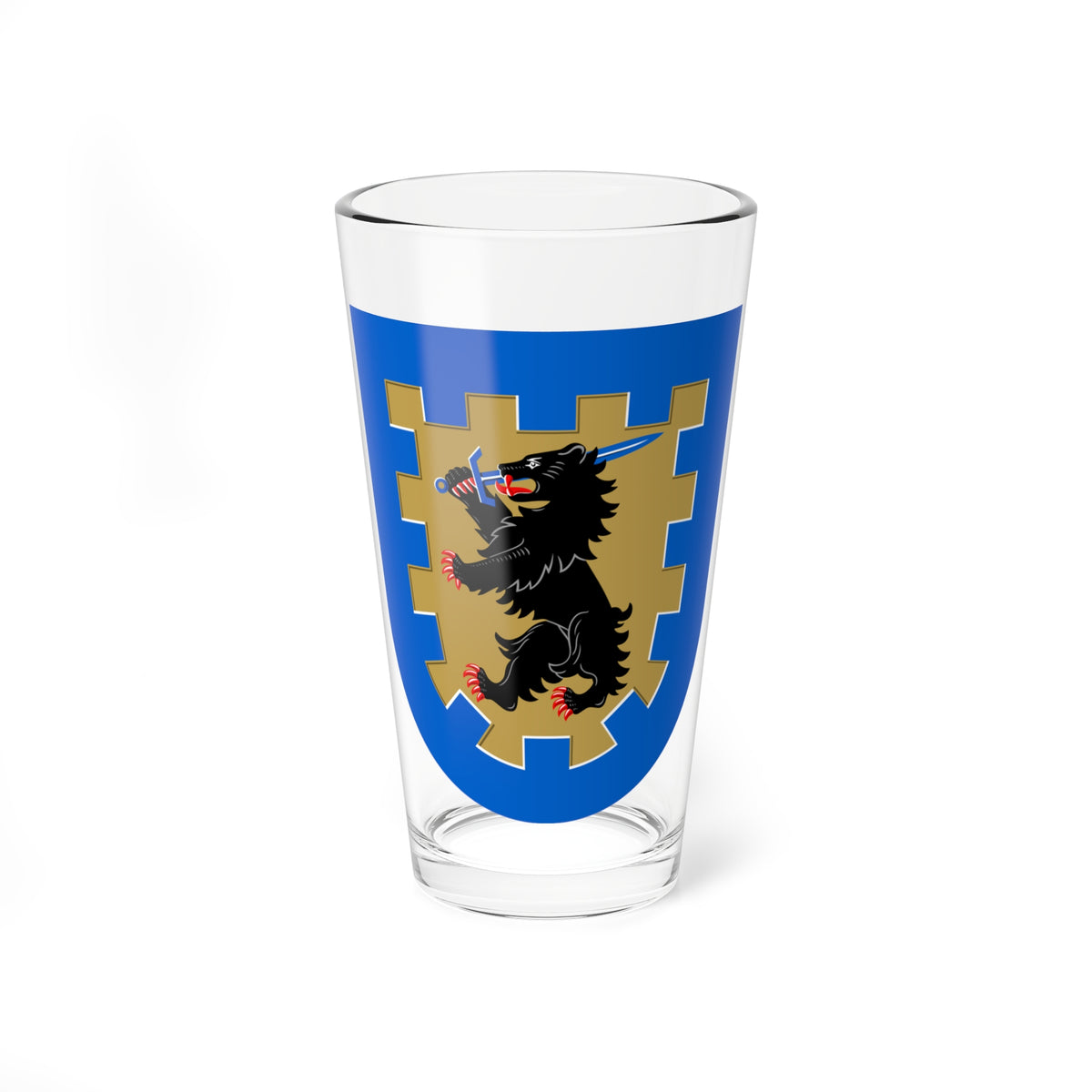 Black rampant bear gripping a blue sword in its teeth on a gold battlemented field over a blue shield.