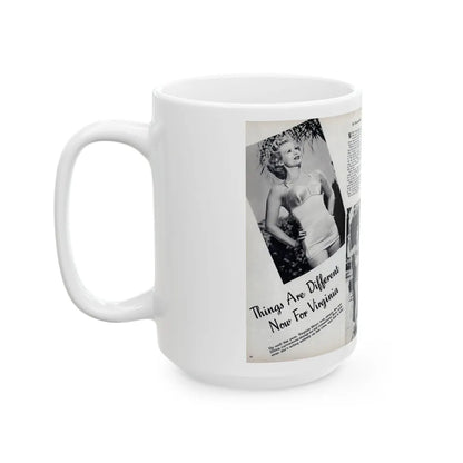 Virginia Mayo #290 - 2 Pages of Virginia+3 B&W Pin-Up Pics & 2 Candid Shots circa late 40's from a Movie Star Magazine (Vintage Female Icon) White Coffee Mug-Go Mug Yourself