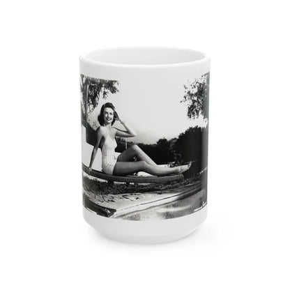 Dorothy Malone #245 - 8x10 B&W Full Body Early or Mid 50's 1-Piece Cheesecake Swimsuit Photo (Vintage Female Icon) White Coffee Mug-15oz-Go Mug Yourself