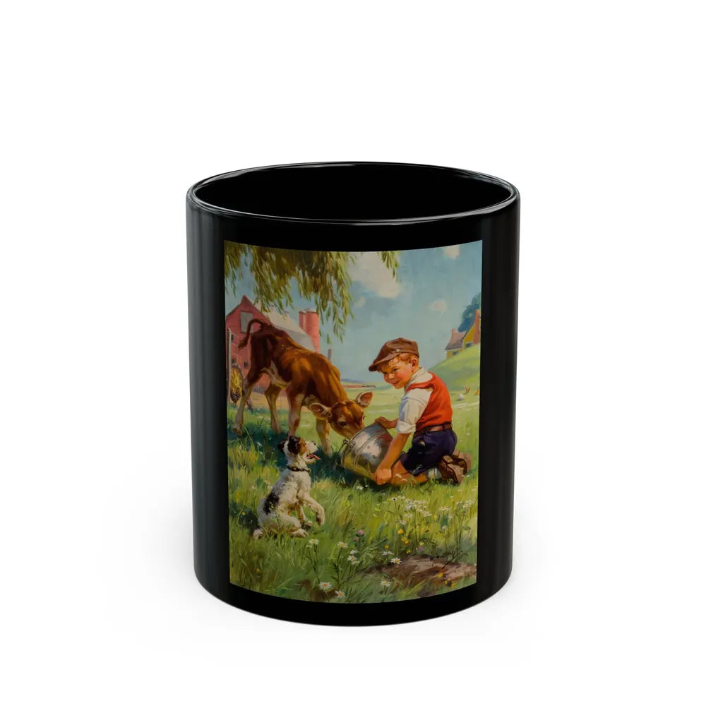 Boy with Calf and Dog - Black Coffee Mug-11oz-Go Mug Yourself