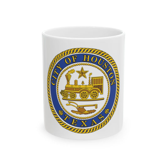 Circular gold and blue civic seal of Houston, Texas, with a steam locomotive, plough and lone star.