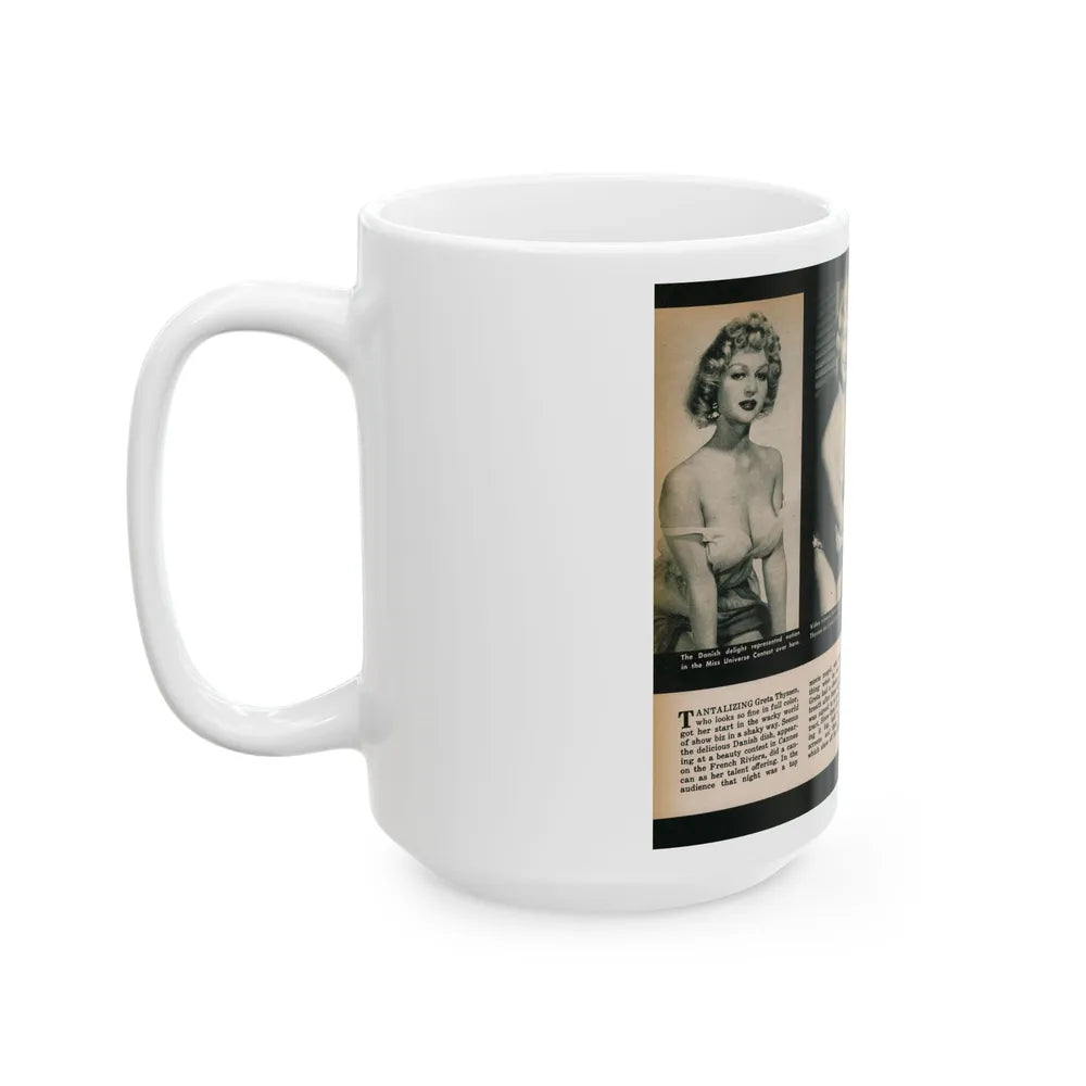 Greta Thyssen #138 - 2 Pages, 3 B&W Photos & Captions from VUE Digest Mag. Nov. '59 (Vintage Female Icon) White Coffee Mug-Go Mug Yourself