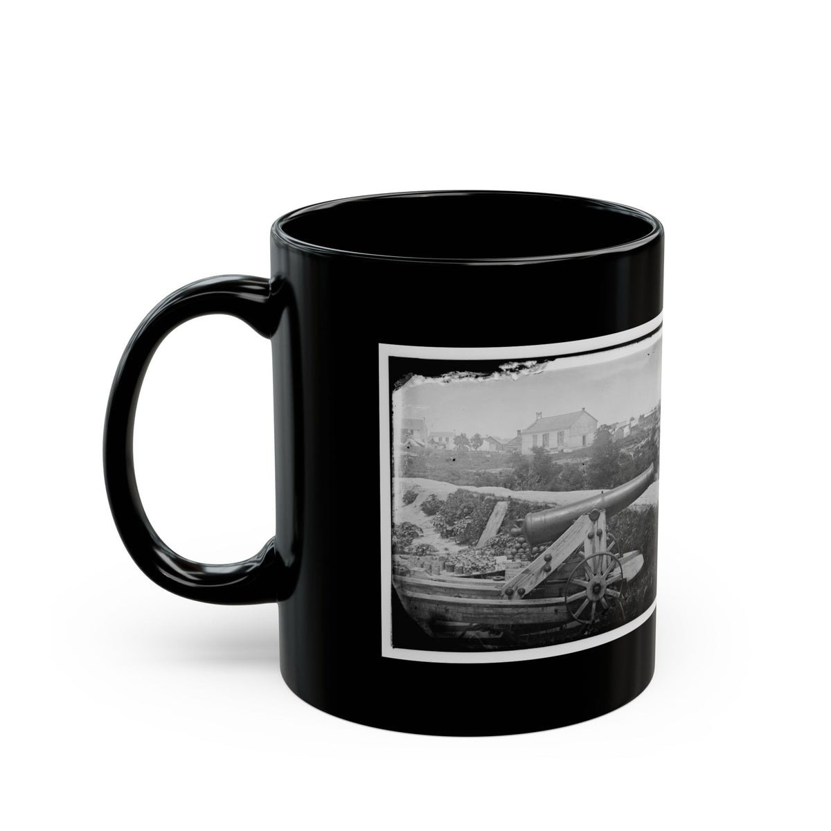 Yorktown, Va. Confederate Naval Gun; In Background Is Nelson Church, Used As A Hospital (U.S. Civil War) Black Coffee Mug
