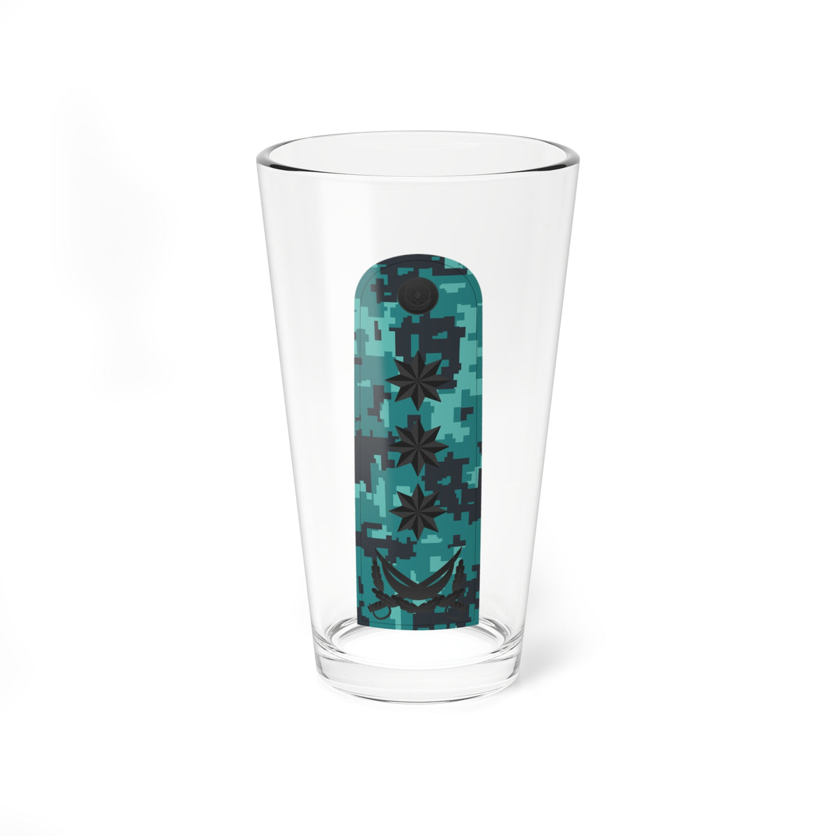 Tall teal digital camouflage shoulder board with three dark eight-pointed stars above a dark crescent and a round badge.