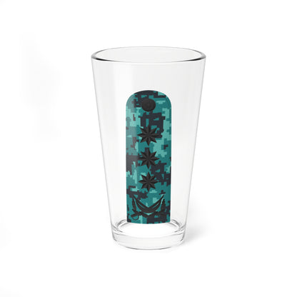 Tall teal digital camouflage shoulder board with three dark eight-pointed stars above a dark crescent and a round badge.
