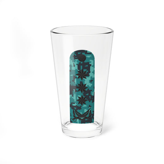 Tall teal digital camouflage shoulder board with three dark eight-pointed stars above a dark crescent and a round badge.