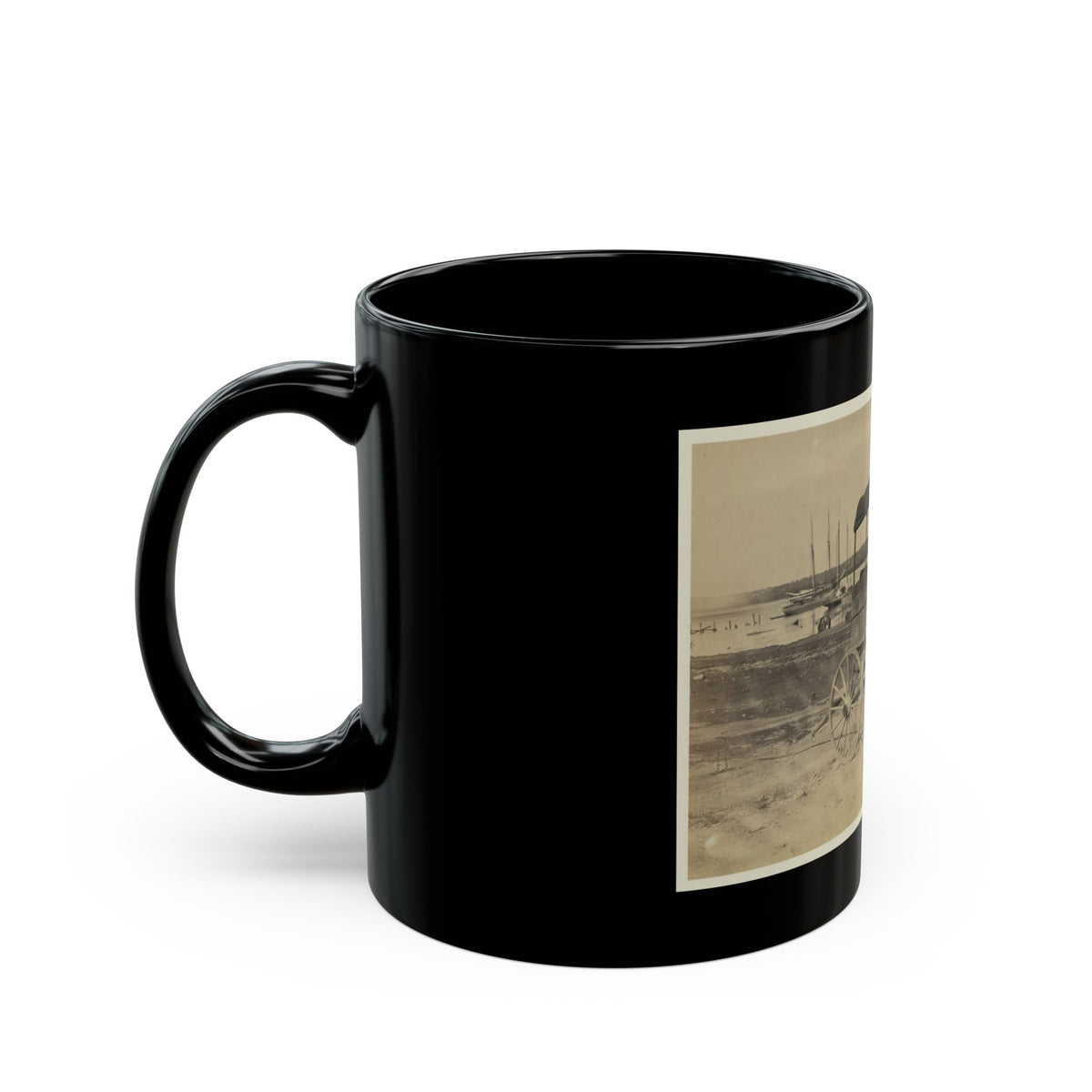 Covered Wagon With Side Curtains Rolled Up At A Military Facility (U.S. Civil War) Black Coffee Mug