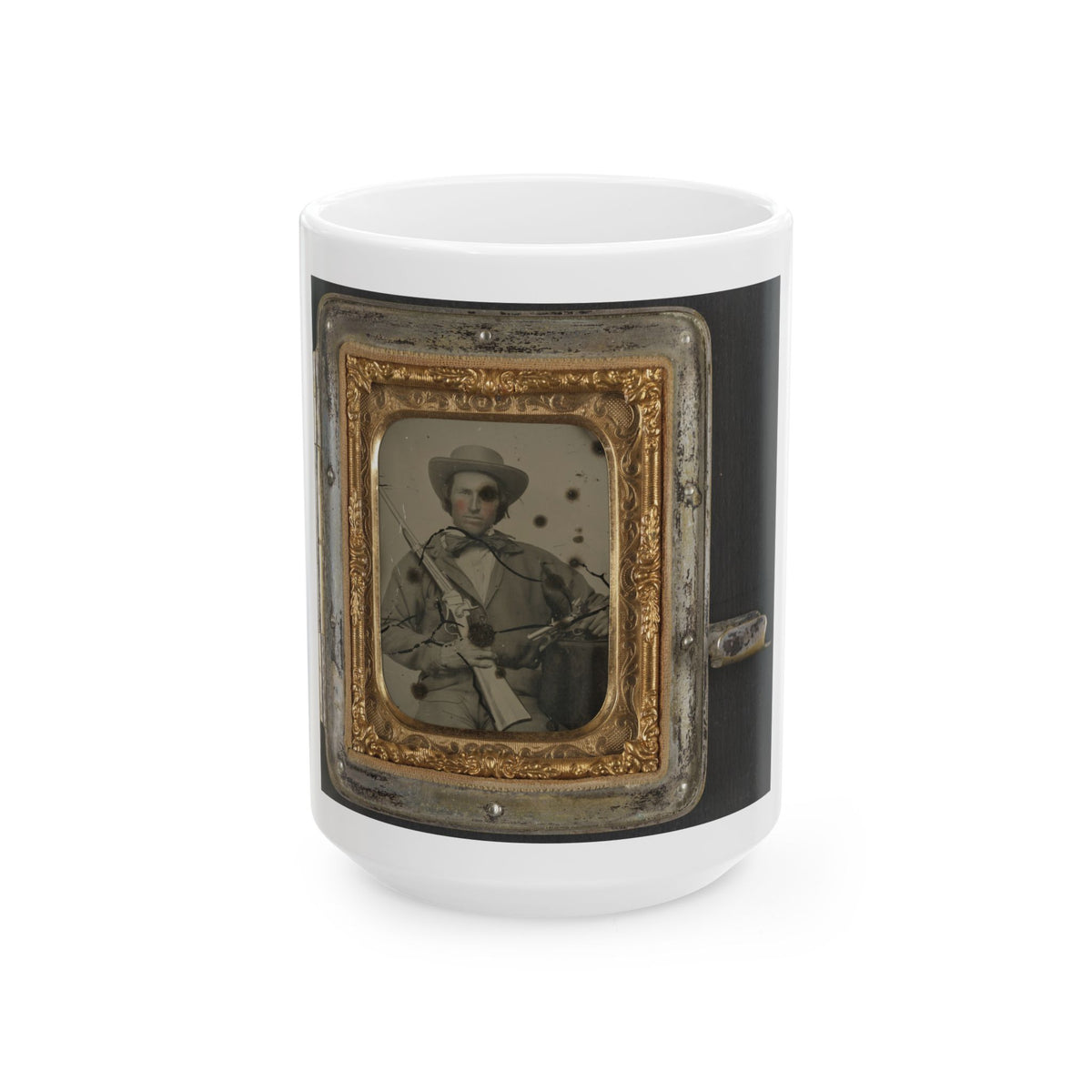 Unidentified Soldier In Confederate Cavalry Uniform With Sharps Carbine, Pistol, And Knife (1) (U.S. Civil War) White Coffee Mug