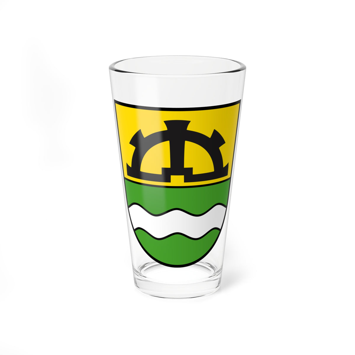 Heraldic shield with a black cogwheel on yellow above wavy green and white bands of water.