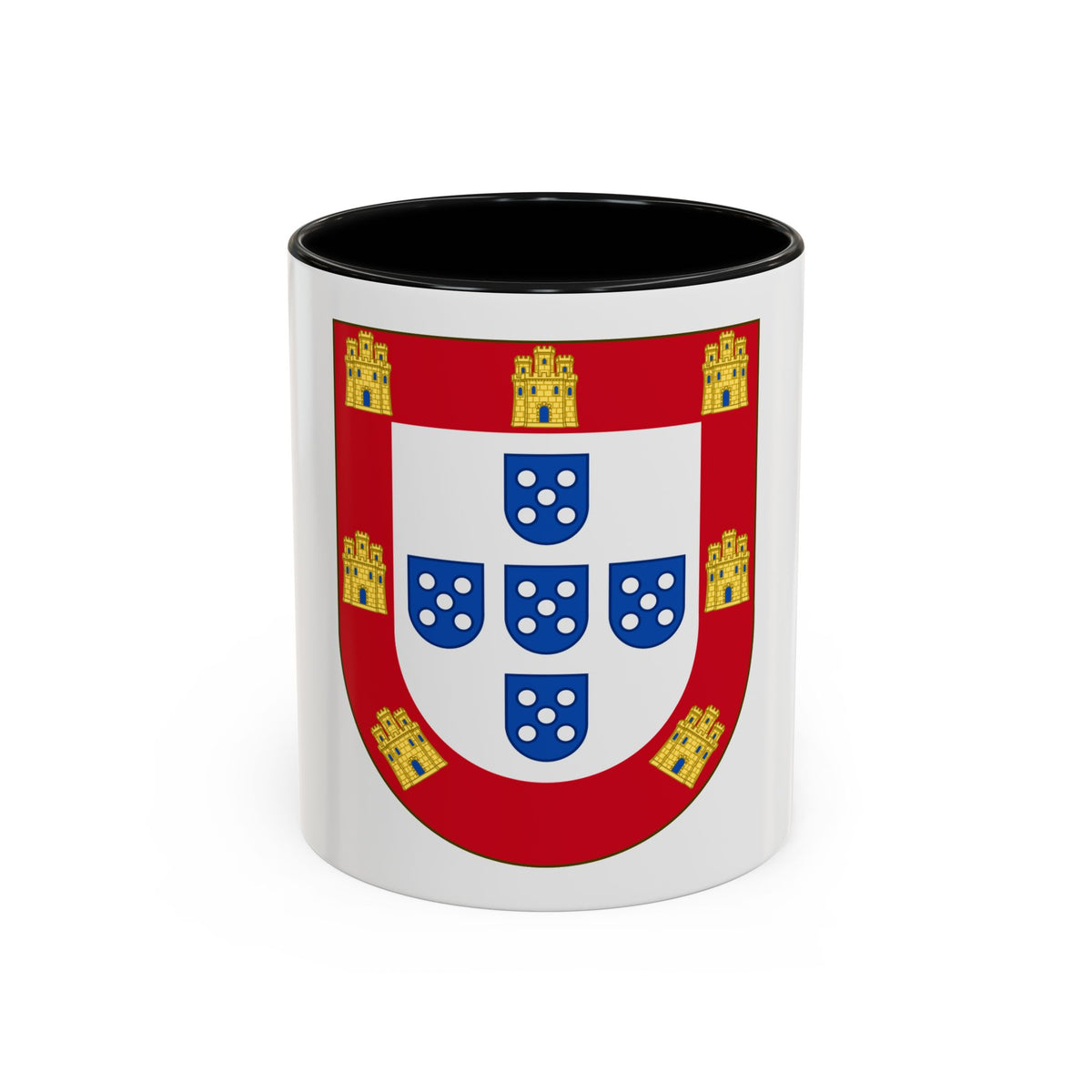 Red heraldic shield with seven gold castles framing a white centre bearing five blue escutcheons with white dots.