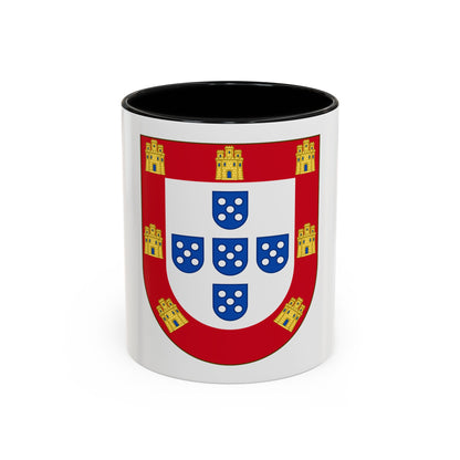 Red heraldic shield with seven gold castles framing a white centre bearing five blue escutcheons with white dots.