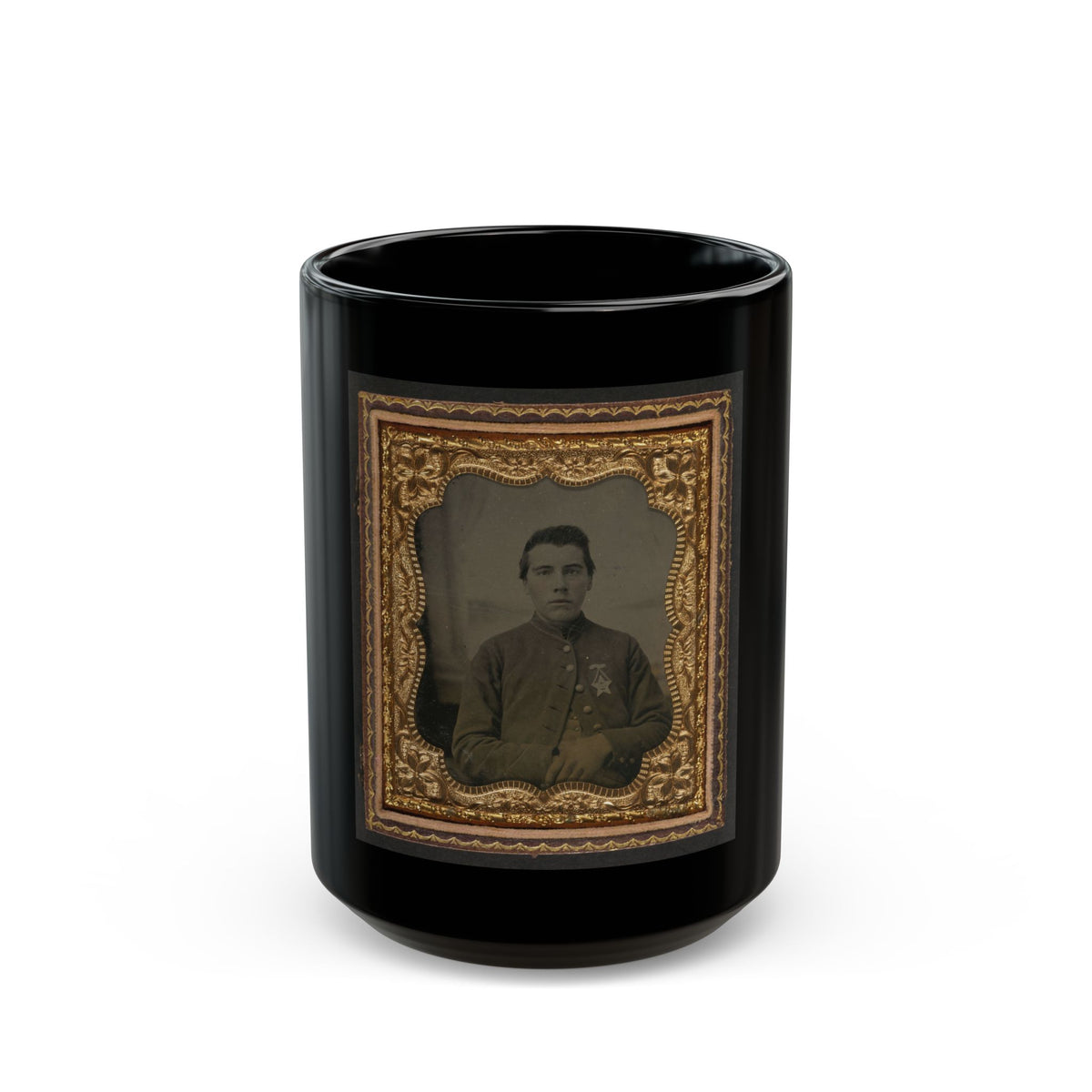 Unidentified Soldier In Union Uniform With 28th Pennsylvania Badge In Front Of Painted Backdrop Showing Window (U.S. Civil War) Black Coffee Mug