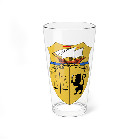 National coat of arms on a gold shield with a sailing ship, black lion with sabre and scales of justice.