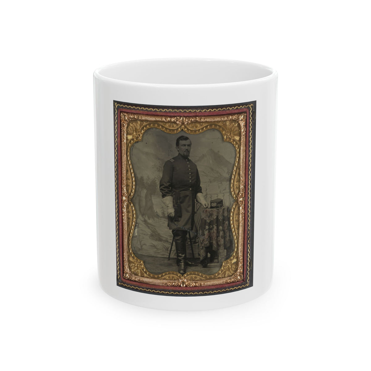 Unidentified Soldier In Union Captain's Uniform With U.S. Medical Service Hat In Front Of Painted Backdrop Showing Landscape (U.S. Civil War) White Coffee Mug