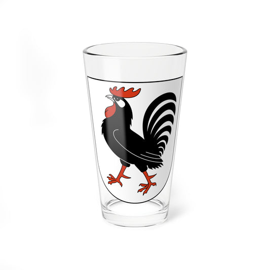 Black rooster with red comb and legs, tail raised, standing in profile on a white shield-shaped field.