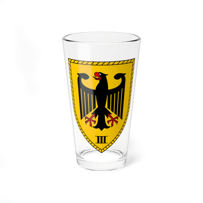 Heraldic shield with a black eagle with spread wings, red talons and the Roman numeral III on a gold field.