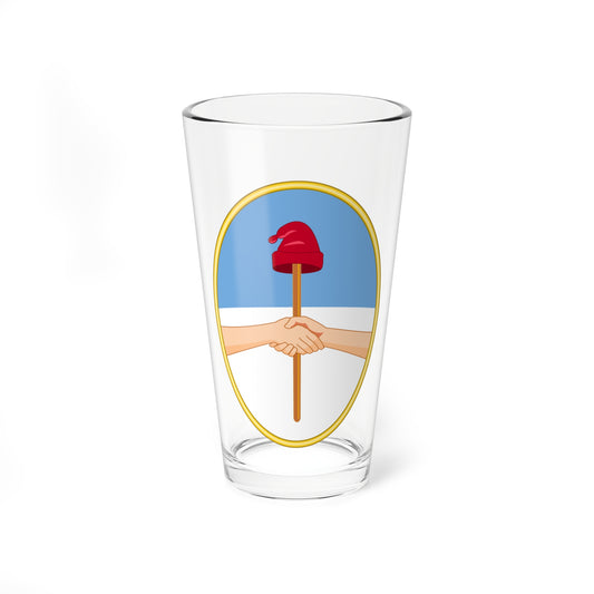 Gold-framed oval emblem with a red liberty cap on a pike held in clasped hands over a blue and white field.