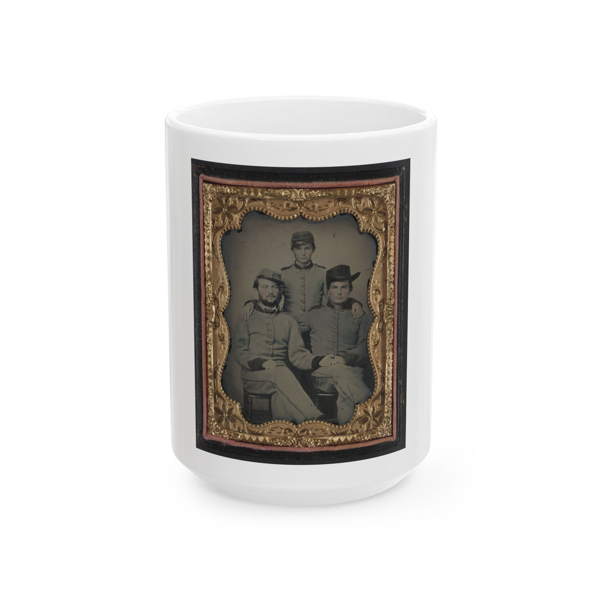 Three Unidentified Soldiers In Confederate Artillerymen Uniforms (U.S. Civil War) White Coffee Mug