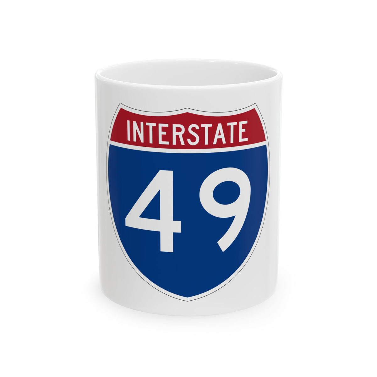 Blue-and-white Interstate 49 route shield with a red INTERSTATE band across the top and bold route number 49.