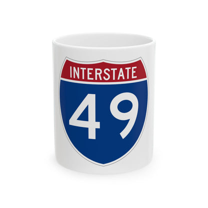 Blue-and-white Interstate 49 route shield with a red INTERSTATE band across the top and bold route number 49.