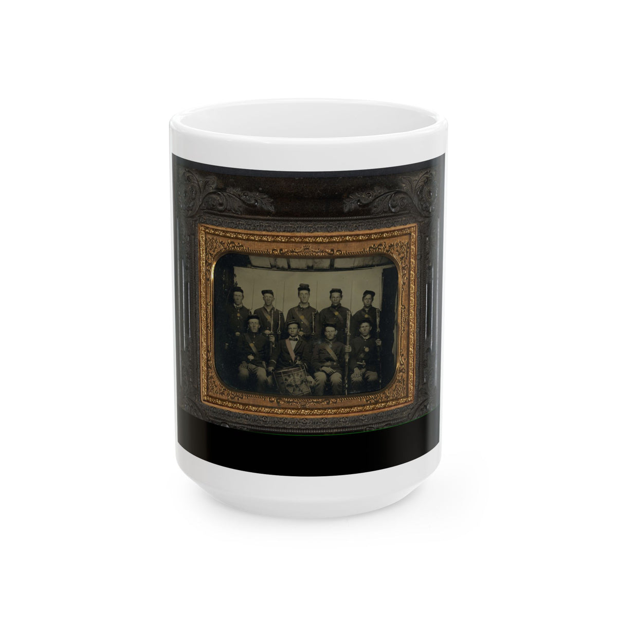 Nine Unidentified Soldiers In Union Uniforms And Forage Caps, Eight With Bayoneted Muskets And One With A Drum (U.S. Civil War) White Coffee Mug