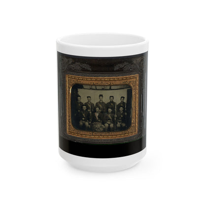 Nine Unidentified Soldiers In Union Uniforms And Forage Caps, Eight With Bayoneted Muskets And One With A Drum (U.S. Civil War) White Coffee Mug