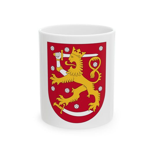 Red heraldic shield with a gold crowned lion rampant holding a white sword, surrounded by white roses.