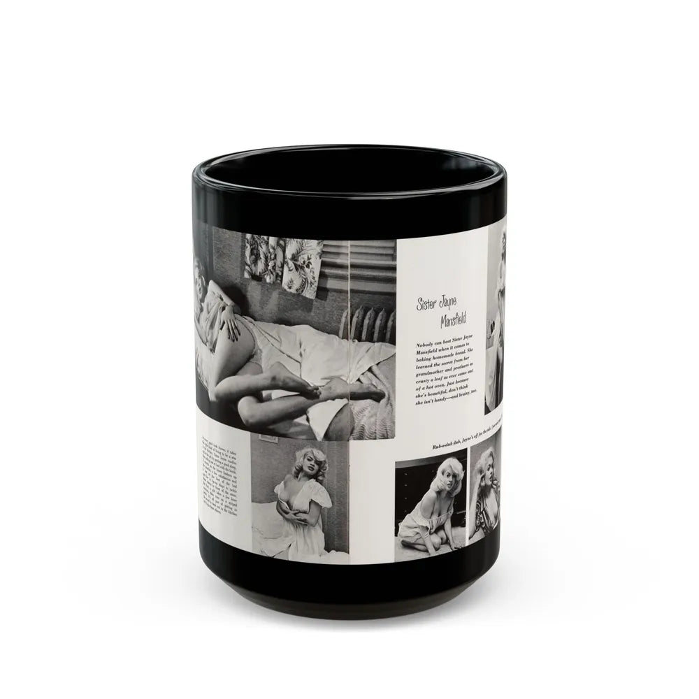 Jayne Mansfield #181 - 2 Pages, 5 B&W Photos & Captions from SCAMP Mag. May '57 (Vintage Female Icon) Black Coffee Mug-15oz-Go Mug Yourself