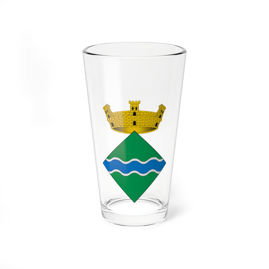 Green diamond-shaped heraldic shield with blue and silver waves, topped by a gold mural crown with towers.