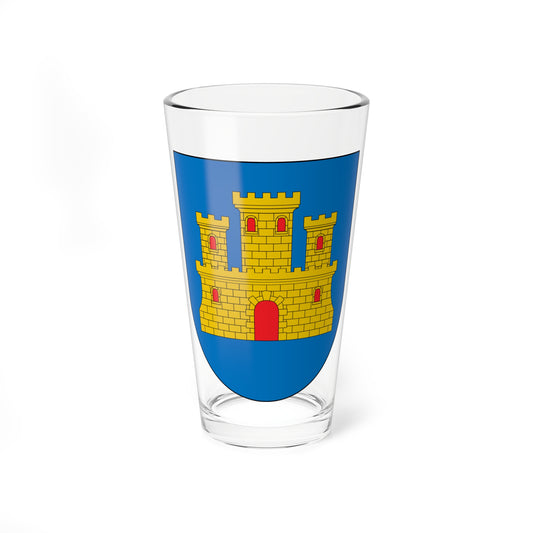 Gold castle with three crenellated towers and a red arched gate on a blue heraldic shield.