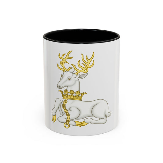 A white hart lying down with gilded antlers, wearing a crown collar attached to a dangling chain.
