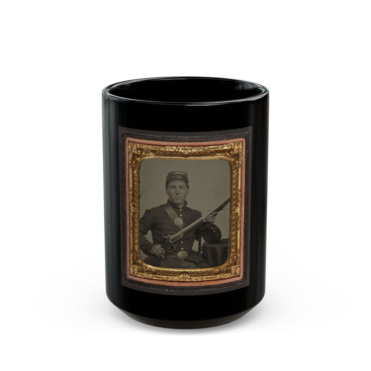James Mcgrail In Union Uniform With Shoulder Scales And Eagle Breast Plate Sitting With A Musket And Bayonet In Scabbard (U.S. Civil War) Black Coffee Mug