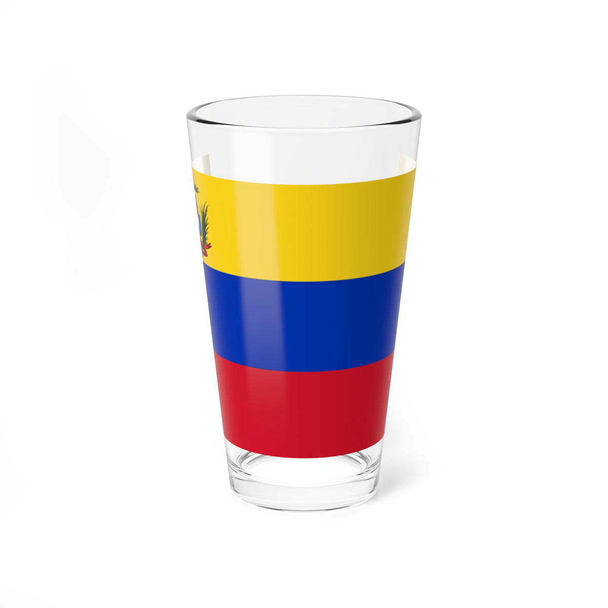 Yellow, blue and red horizontal tricolour with a detailed coat of arms in the upper-left corner, including a white horse.