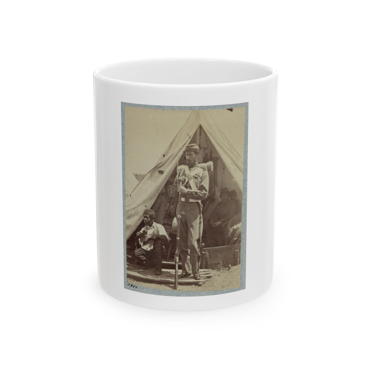 Sepia print showing a soldier with a rifle at a canvas tent entrance, with a seated musician resting inside.