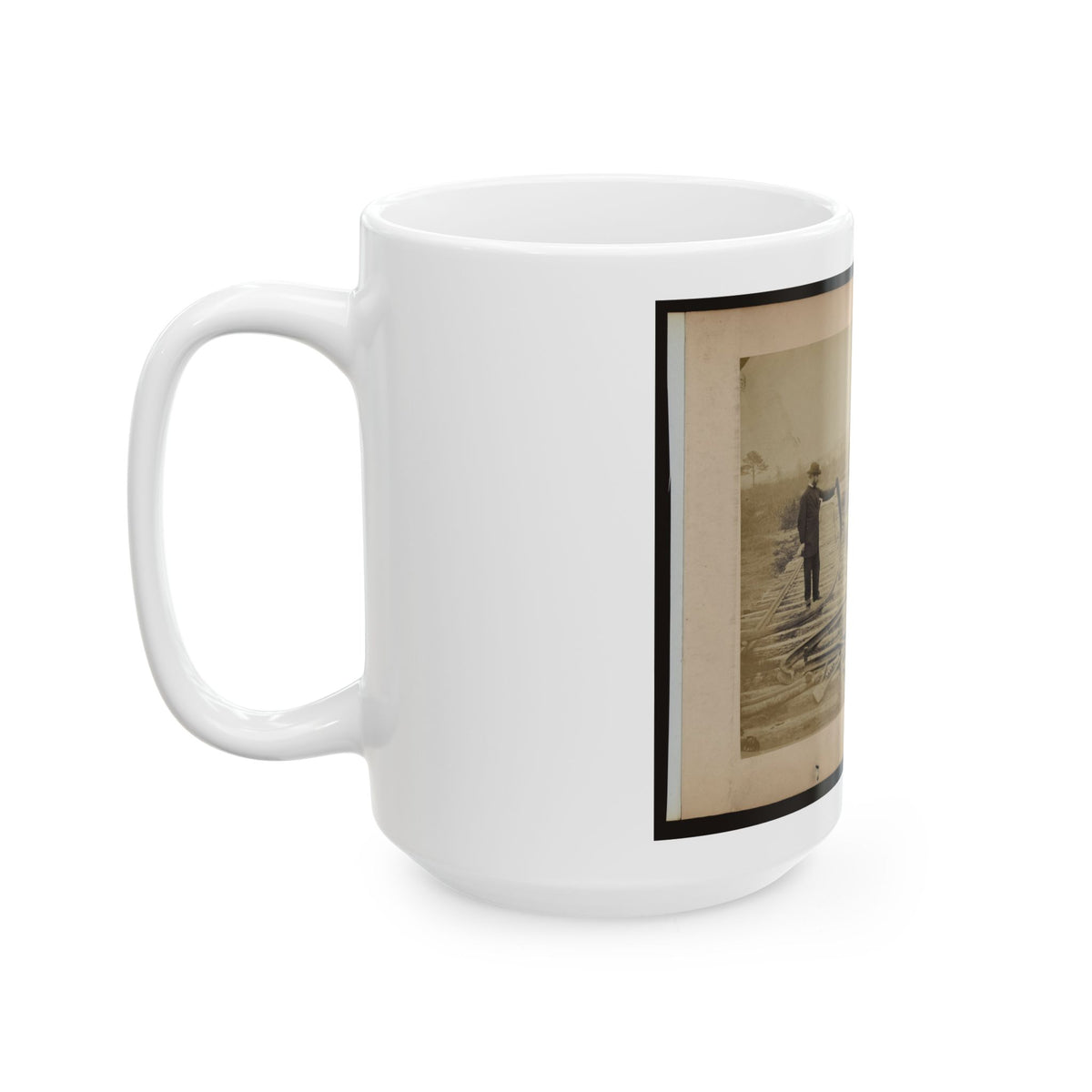 Military Railroad Operations In Northern Virginia  Man Standing On Railroad Tracks Holding Twisted Rail (U.S. Civil War) White Coffee Mug