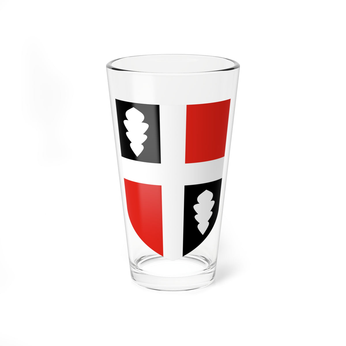 Quartered heraldic shield with a white cross, black quarters bearing white tiered devices and red quarters.