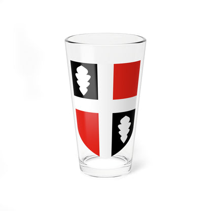 Quartered heraldic shield with a white cross, black quarters bearing white tiered devices and red quarters.