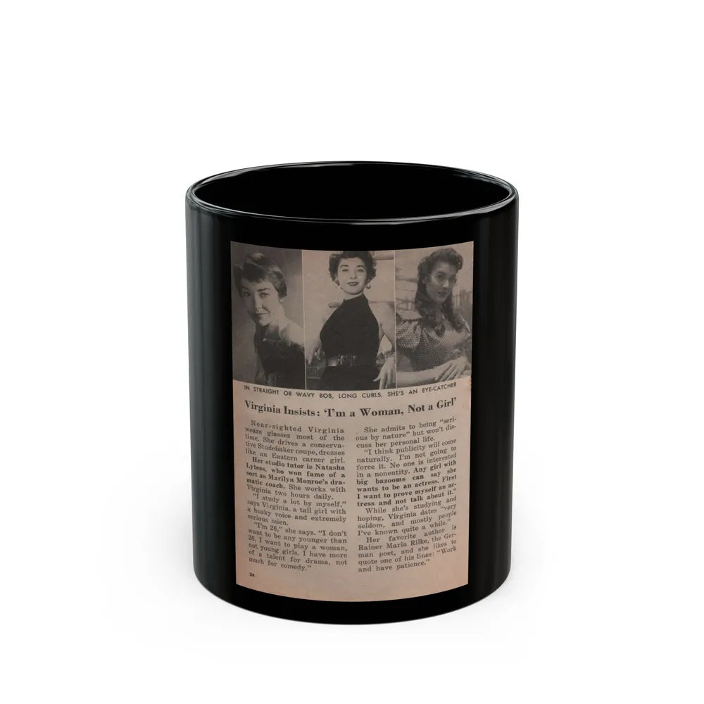 Virginia Leith #45 - People Today Pocket Mag. 2-23-55 - 3 Small B&W Photos, Caption & Article ending (Vintage Female Icon) Black Coffee Mug-11oz-Go Mug Yourself